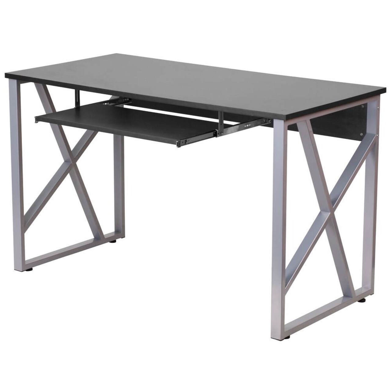 Black Laminate Office Desk with Sliding Keyboard Tray and Silver Powder-Coated Frame